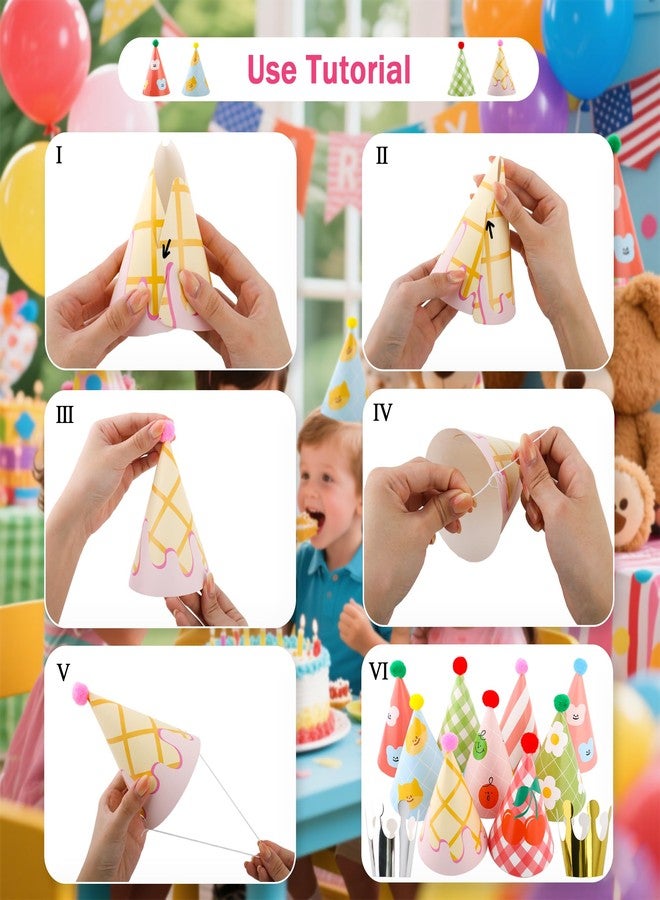 Inxens Mini Party Hats for Kids, 11 Piece Birthday Cone Hats for Stuffed Animals and Pets, 9 Paper Cones and 2 Crowns, DIY Assembly with Pom Poms, Cute Cherry Smiley Design - Image 3